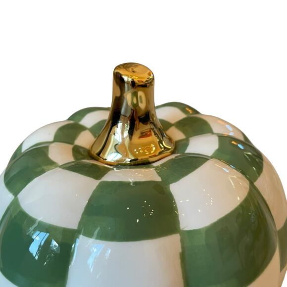 Green & White CHECKERED Pumpkin w/ Gold Stem 7in Ceramic Fall Home Decor New - Picture 8 of 11